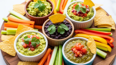 Guacamole, black bean dip, chips, carrots, celery, bell peppers, cilantro, tomatoes.の素材