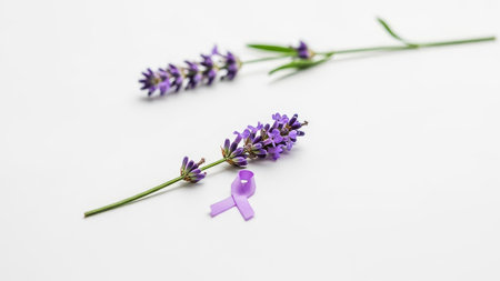 Lavender sprigs and purple awareness ribbon on white.の素材