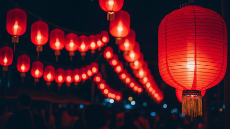 Red lanterns glow at busy Asian night market, festive atmosphereの素材