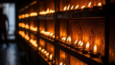 Many lit candles in a dark templeの素材