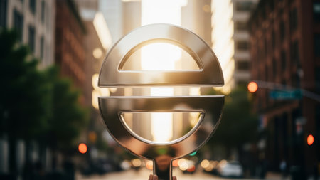 Metallic symbol held in urban street backgroundの素材