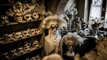 Ornate Venetian masks with feathers in a shop.の素材