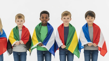 Diverse kids wrapped in flags, white studio backgroundの素材