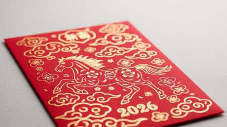 Red envelope, gold horse, clouds, flowers, 2026の素材