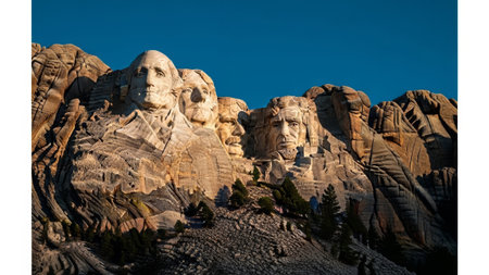 Mount Rushmore presidents carved in rock, blue skyの素材