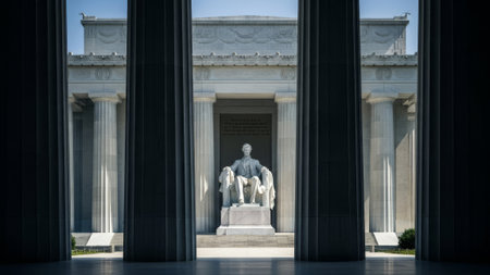 Lincoln statue inside memorial. Columns, marble, national landmark.の素材
