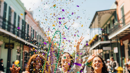 Women celebrate festival throwing confetti and beads in New Orleans.の素材