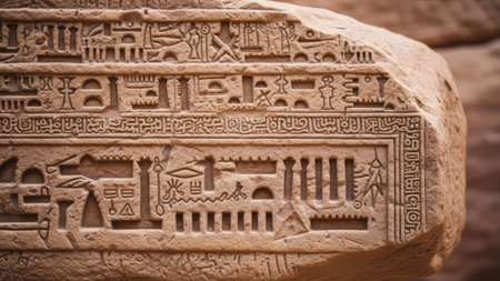 Close-up of ancient Egyptian hieroglyphs on stoneの素材