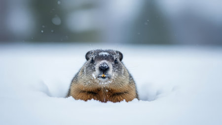 Groundhog emerging from snow, winter forest, fluffy fur, curious animalの素材
