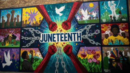 Juneteenth mural: Freedom, celebration, African American history, urban art.の素材