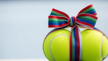Tennis balls tied with a colorful ribbon bow as a gift.の素材