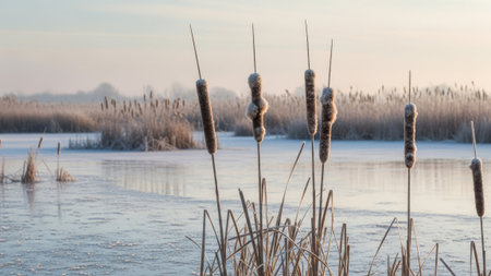 Frosted bulrushes on ice at dawn. Winter nature scene.の素材