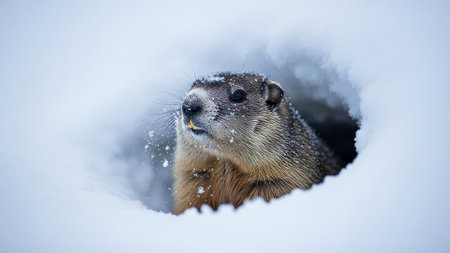 Groundhog emerges from snow hole, looking curious in winter landscape.の素材
