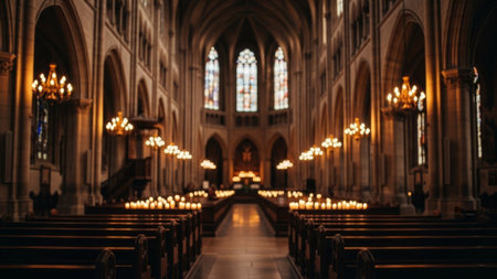 Gothic church interior, pews, stained glass, candlelightの素材