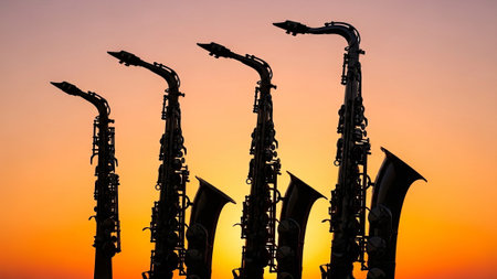 Saxophones silhouette against warm sunset background.の素材