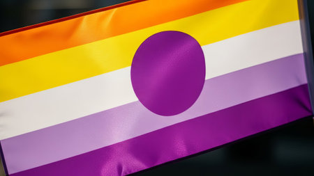 Non-binary flag close-up, satin finish, purple circle, pride symbolの素材