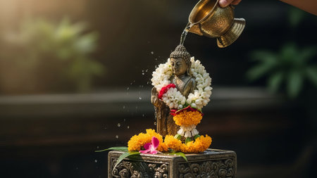 Buddha statue with flower garlands, water pouring, outdoor, peacefulの素材