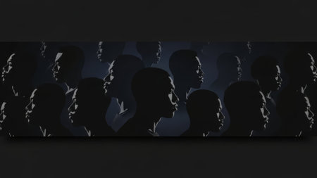 Black men's profiles in silhouette, looking left, dark background.の素材