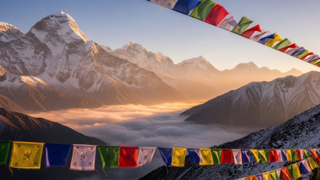 Himalayan mountains, prayer flags, sunrise, cloud sea, skyの素材