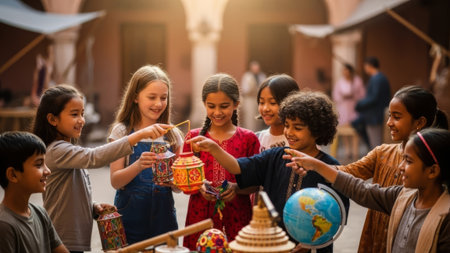 Children examining colorful lanterns and globe at outdoor market.の素材