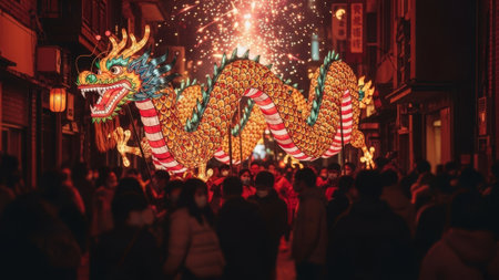 Festive dragon parade through city street at nightの素材
