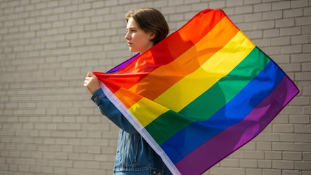 Young person with rainbow flag, denim jacket, outdoor brick wallの素材