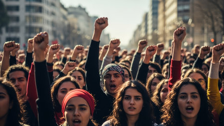 Diverse youth raise fists in urban protest rallyの素材
