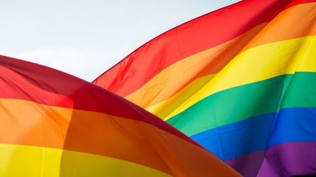 Rainbow pride flags flying, symbolizing LGBTQ+ pride and equalityの素材