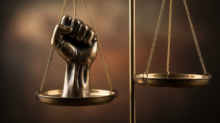 Golden fist on scales of justice, law symbolの素材