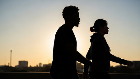 Couple walking at sunrise with city backdropの素材