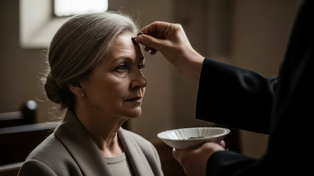 Woman getting ashes on forehead in church settingの素材