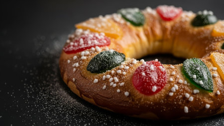 RoscAln de Reyes cake with candied fruit, sugar, dark background.の素材