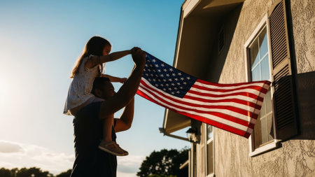 Father with daughter hold US flag on shoulders.の素材