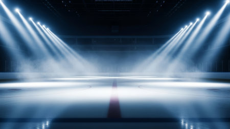 Empty hockey rink, spotlights, mist, arena, ice, sportsの素材