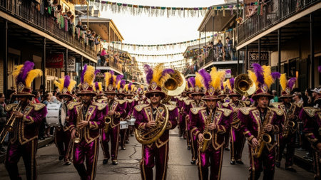 New Orleans brass band marching in sequined Mardi Gras paradeの素材