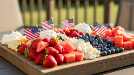 Red, white, blue fruit platter with flags, outdoor settingの素材