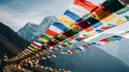 Colorful prayer flags fly over snow-capped peaks in the Himalayas.の素材