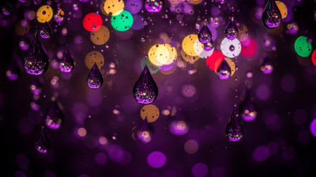 Water droplets reflect colorful bokeh on dark purple background.の素材