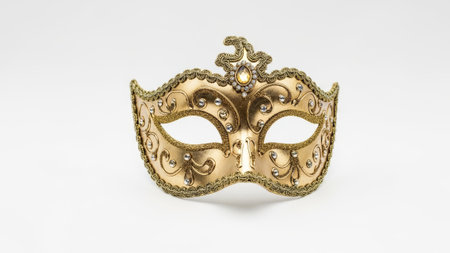 Ornate gold mask with rhinestones on white.の素材