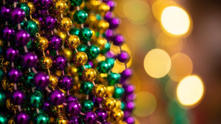 Mardi Gras beads in purple, green, and gold with bokeh lights.の素材