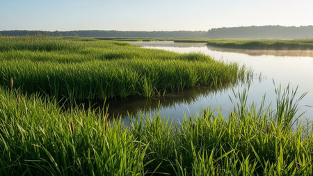 Lush green marsh with still water and morning mist, natural landscape.の素材