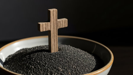 Cross in ash, Ash Wednesday, religious symbol, dark backgroundの素材