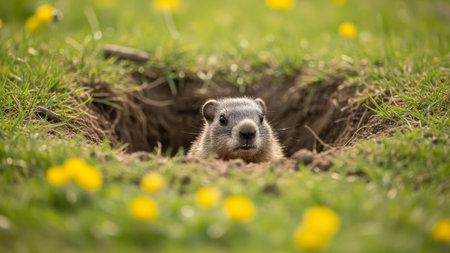 Young groundhog emerges from burrow in grassy field with dandelions.の素材