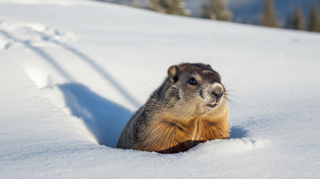 Groundhog peeking from snow hole, winter landscapeの素材