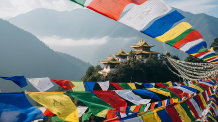Prayer flags and monastery in Himalayas, Bhutan.の素材