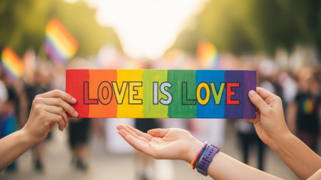Rainbow LOVE IS LOVE sign held at pride paradeの素材