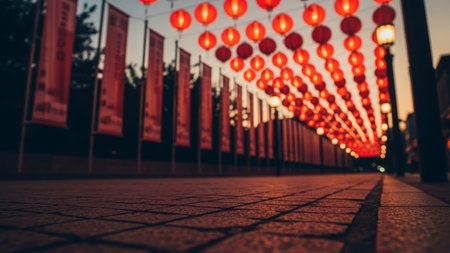 Street at dusk, red lanterns & banners, paved path, cityの素材