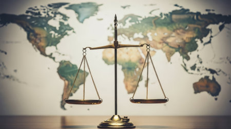 Golden balance scale against world map.の素材