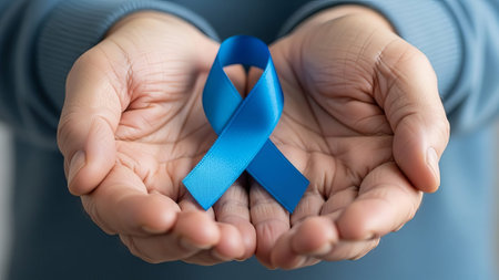 Mature hands holding blue ribbon for prostate cancer awarenessの素材