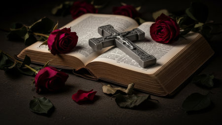 Open Bible, cross, red roses, dark background, faith symbolism.の素材